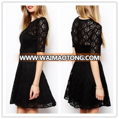 Newly designed black lace stitching design ladies dress