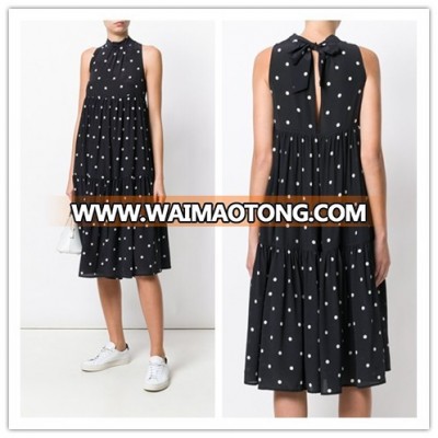 High Round Neck Silk Crepe White Polka Dot Midi Casual Dress With Bow Tie