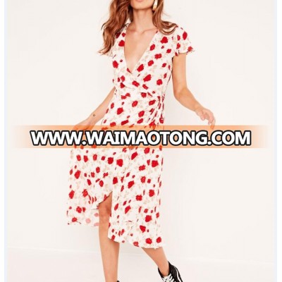 2018 Popular Floral Tie Side Midi Wrap Dress