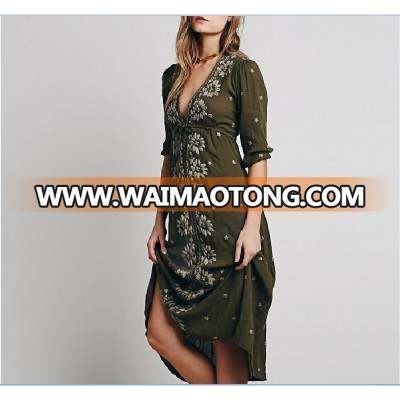 Spaghetti Strap Floral Embroidery Linen Apparel Flouncing Cotton Linen Maxi Dress Women