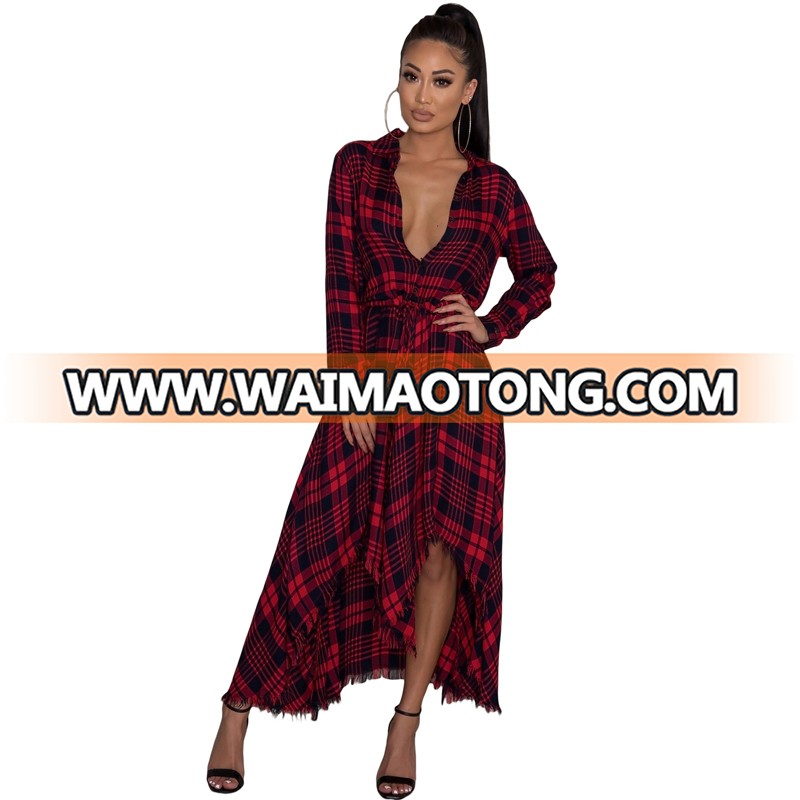 Fashion Plaid Fringed Hem Long Sleeves Shirt Dresses Women